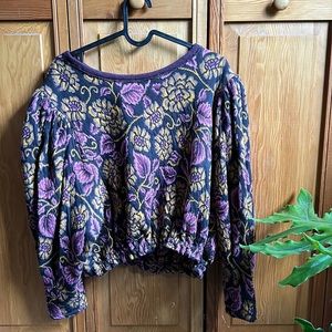 Free People No Ordinary Top Medium Floral Gold and Purple Puff Sleeve Open Back